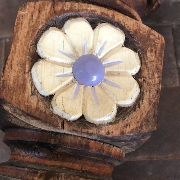 Vintage Carved Wood Floral Distressed Rustic Boho Candle Holder - Picture 5 of 9